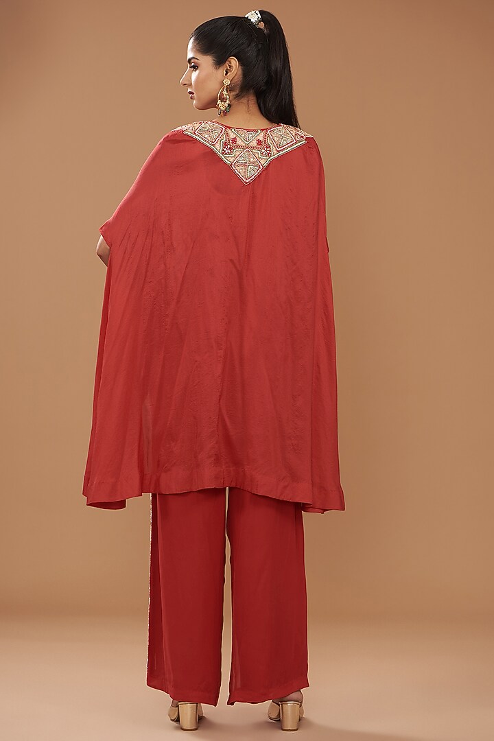 Red Georgette & Chinese Dupion Embroidered Cape Set by Ojasvini at Pernia's Pop Up Shop