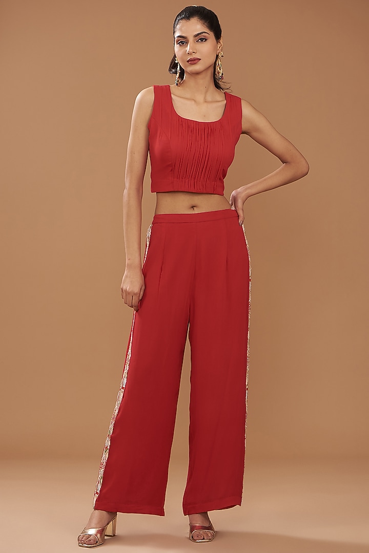 Red Georgette & Chinese Dupion Embroidered Cape Set by Ojasvini at Pernia's Pop Up Shop