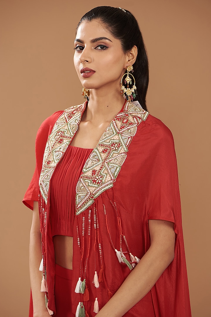 Red Georgette & Chinese Dupion Embroidered Cape Set by Ojasvini at Pernia's Pop Up Shop
