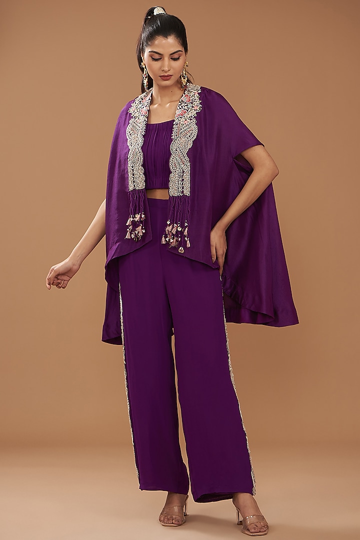 Purple Georgette & Chinese Dupion Embroidered Cape Set by Ojasvini at Pernia's Pop Up Shop