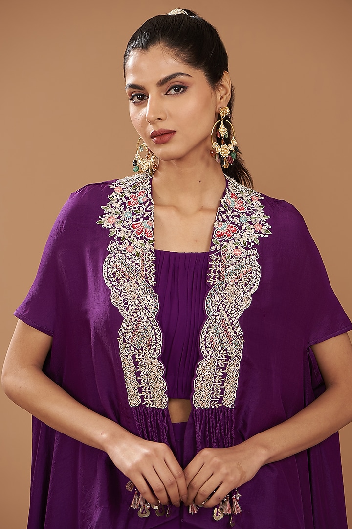 Purple Georgette & Chinese Dupion Embroidered Cape Set by Ojasvini at Pernia's Pop Up Shop