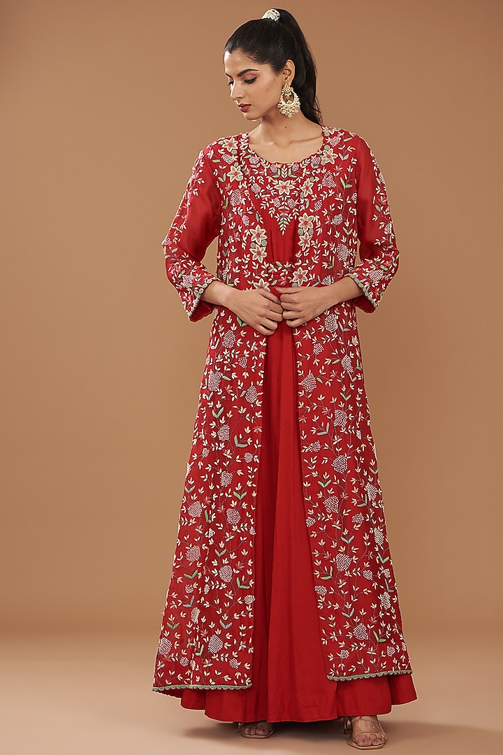 Red Pure Organza & Silk Crepe Embroidered Jacket Set by Ojasvini
