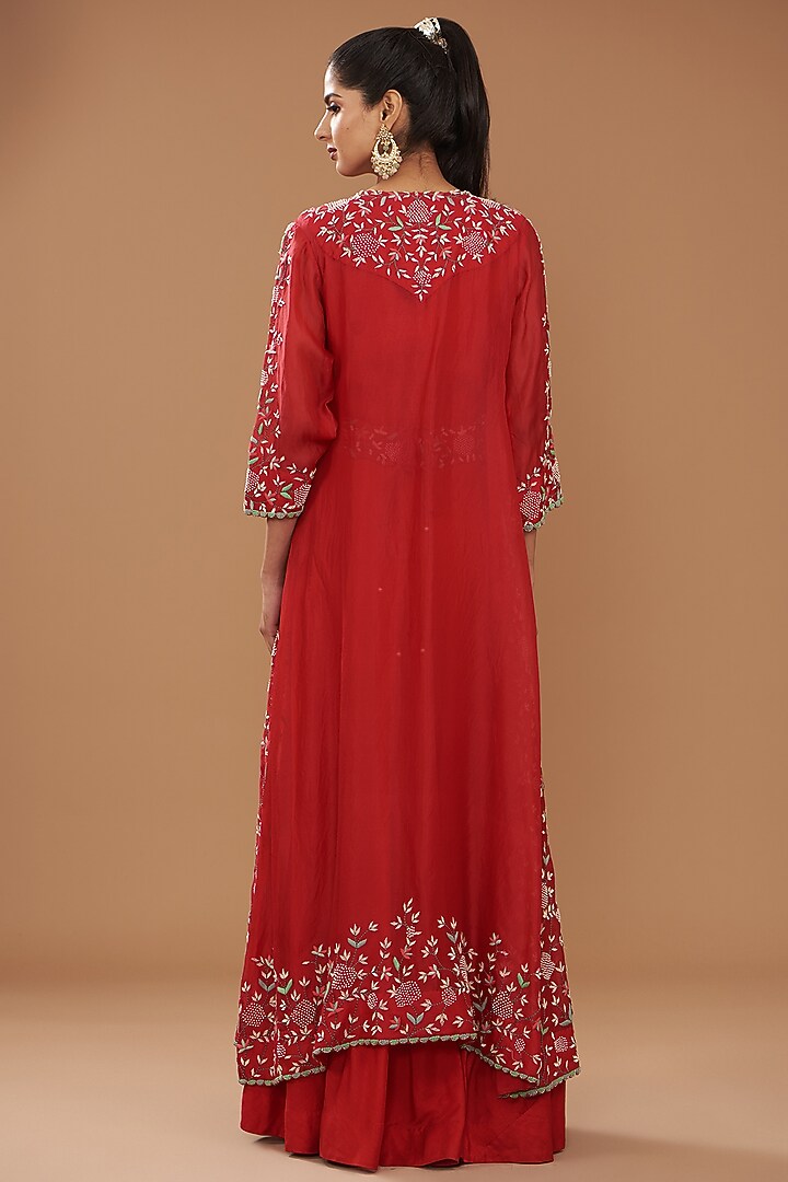 Red Pure Organza & Silk Crepe Embroidered Jacket Set by Ojasvini at Pernia's Pop Up Shop