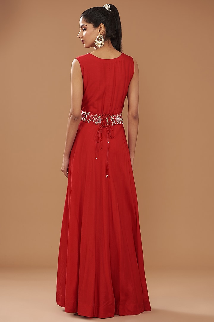 Red Pure Organza & Silk Crepe Embroidered Jacket Set by Ojasvini at Pernia's Pop Up Shop