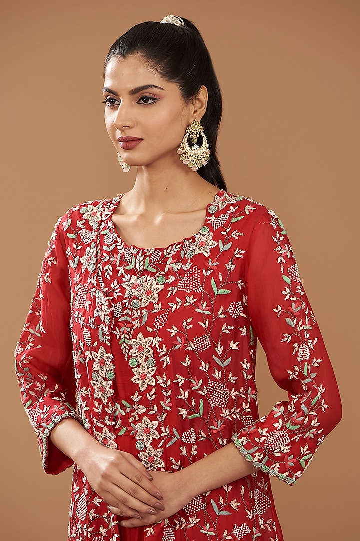 Red Pure Organza & Silk Crepe Embroidered Jacket Set by Ojasvini at Pernia's Pop Up Shop