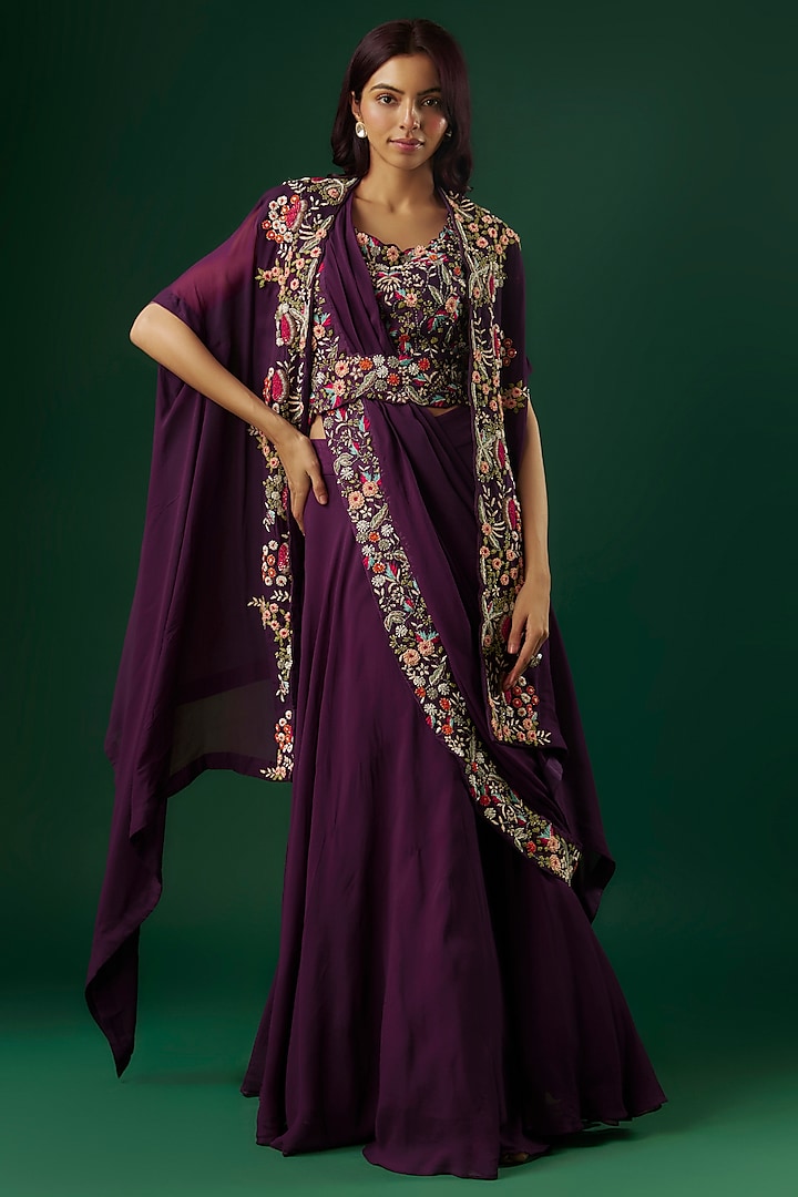 Purple Georgette Hand Embroidered Jacket Wedding Lehenga Set by Ojasvini at Pernia's Pop Up Shop