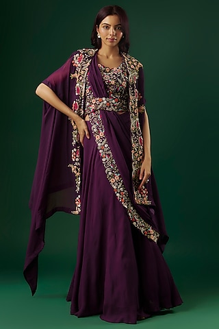 Purple Georgette Hand Embroidered Jacket Lehenga Set by Ojasvini