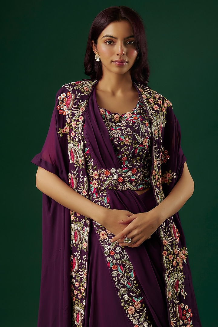 Purple Georgette Hand Embroidered Jacket Wedding Lehenga Set by Ojasvini at Pernia's Pop Up Shop
