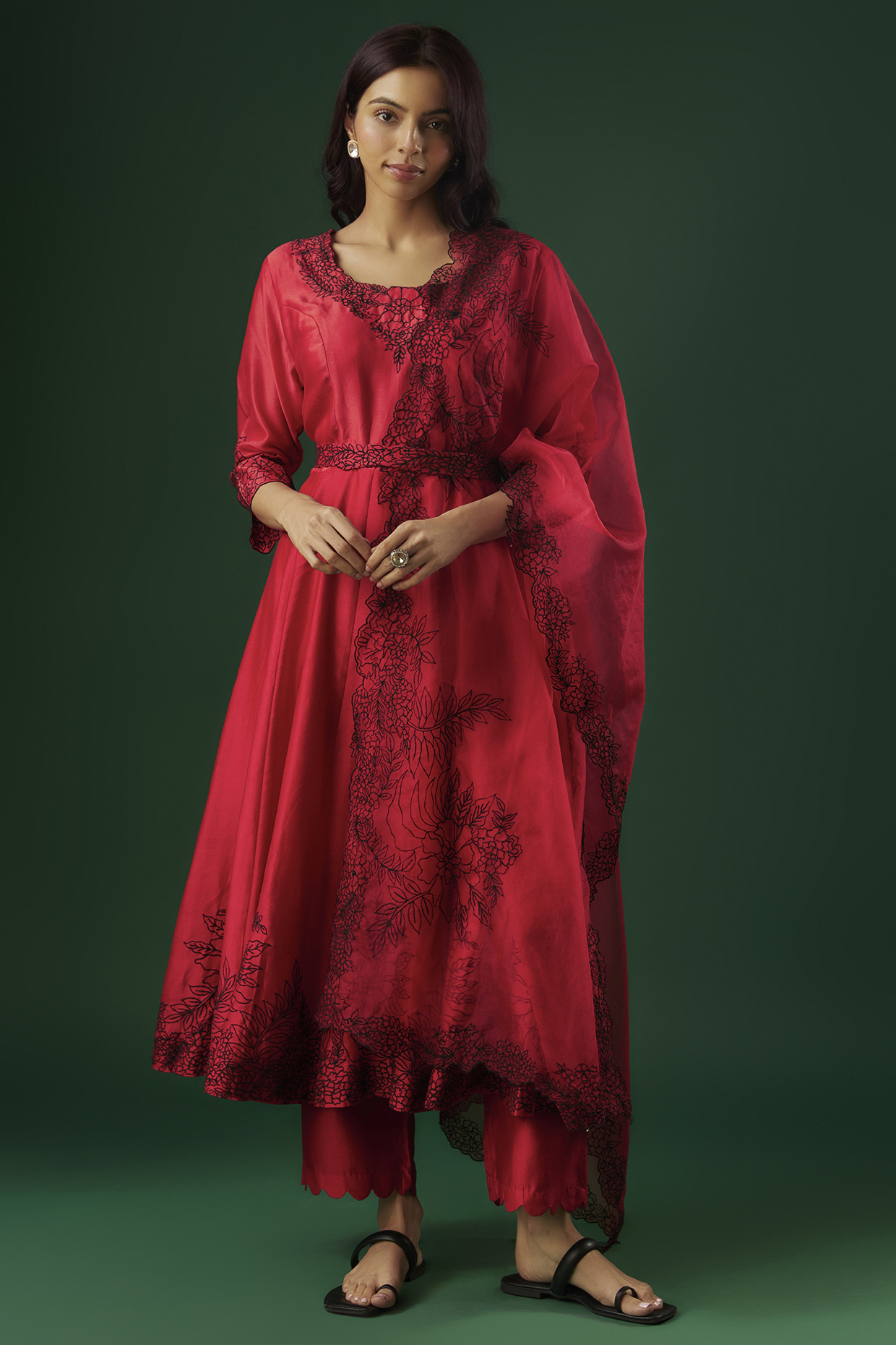 Red Silk Chanderi Thread Embroidered Party Wear Anarkali Set by Ojasvini at Pernia's Pop Up Shop