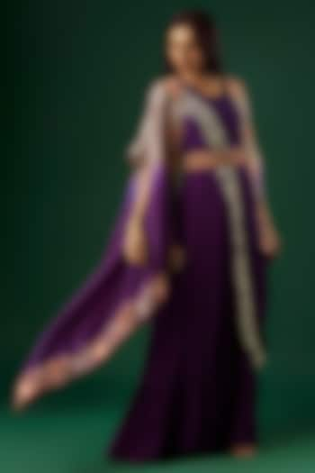 Purple Georgette Hand Embroidered Gown With Cape by Ojasvini at Pernia's Pop Up Shop