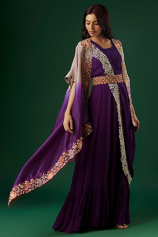 Purple Georgette Hand Embroidered Gown With Cape by Ojasvini