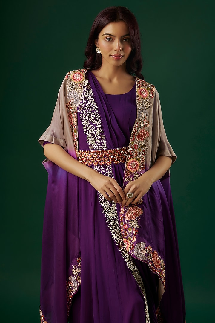 Purple Georgette Hand Embroidered Engagement Gown With Cape by Ojasvini at Pernia's Pop Up Shop