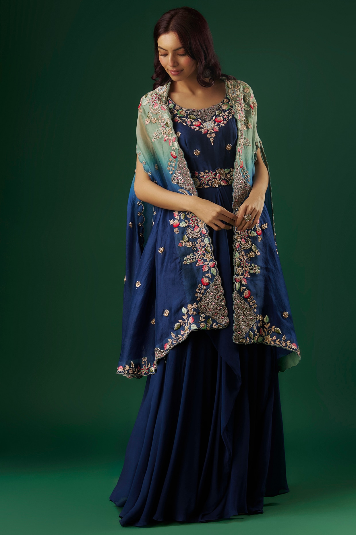 Blue Georgette Hand Embroidered Gown With Cape Design by Ojasvini at  Pernia's Pop Up Shop 2024