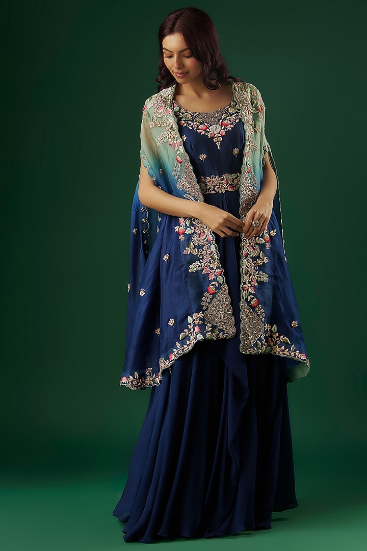 Blue Georgette Hand Embroidered Engagement Gown With Cape by Ojasvini at Pernia's Pop Up Shop