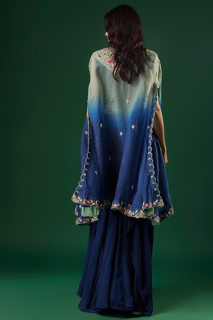 Blue Georgette Hand Embroidered Engagement Gown With Cape by Ojasvini at Pernia's Pop Up Shop