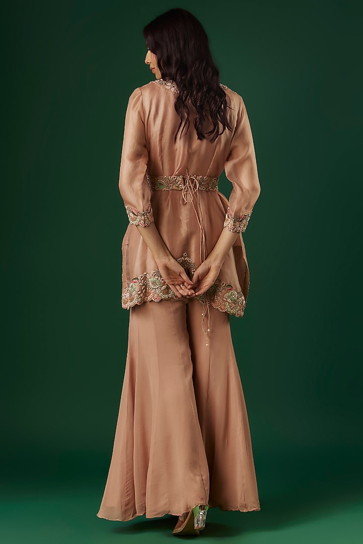 Blush Pink Organza & Silk Hand Embroidered Short Jacket Set by Ojasvini at Pernia's Pop Up Shop