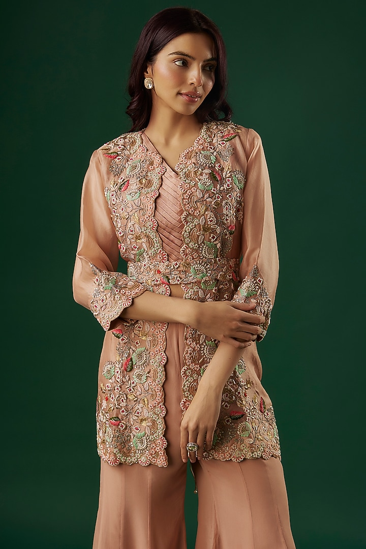 Blush Pink Organza & Silk Hand Embroidered Short Jacket Set by Ojasvini at Pernia's Pop Up Shop