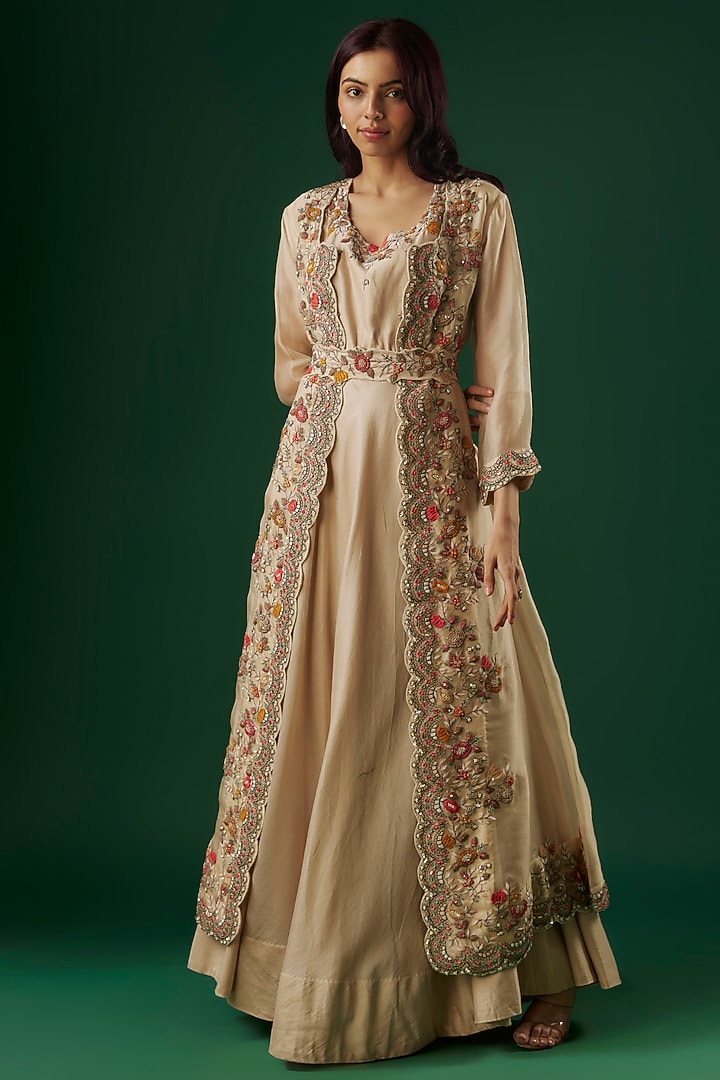 Ivory Silk Chanderi Embroidered Wedding Anarkali Set by Ojasvini at Pernia's Pop Up Shop