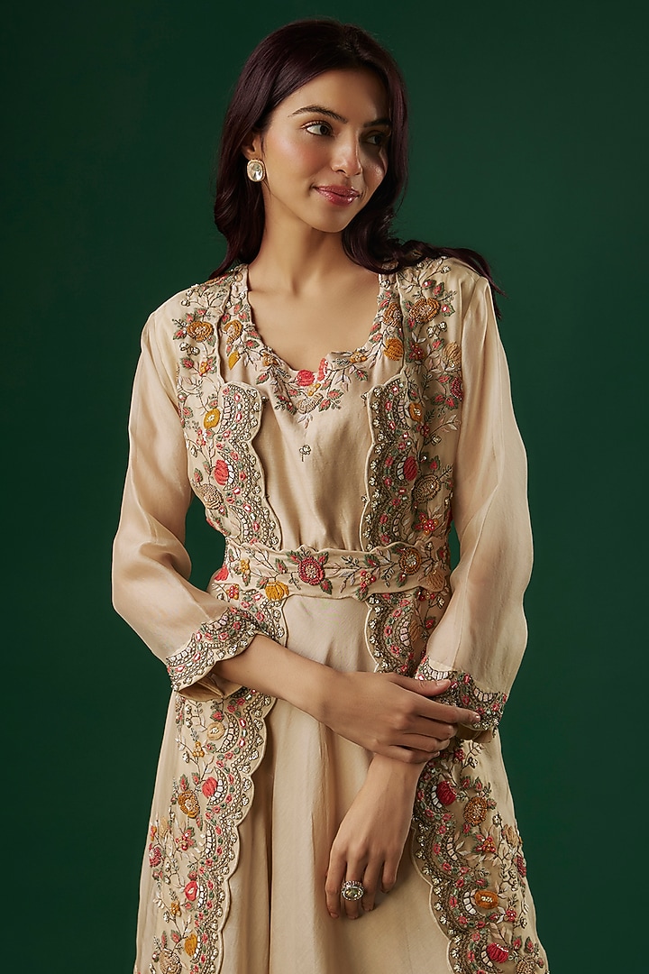 Ivory Silk Chanderi Embroidered Wedding Anarkali Set by Ojasvini at Pernia's Pop Up Shop