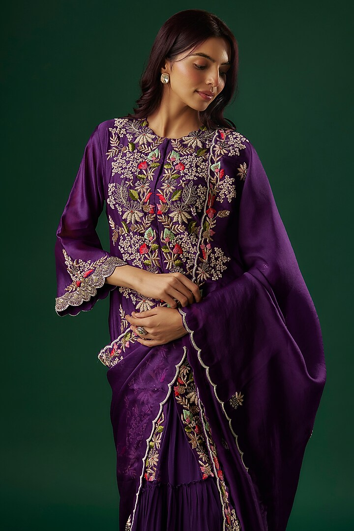 Purple Silk Chanderi Hand Embroidered Kurta Set by Ojasvini at Pernia's Pop Up Shop
