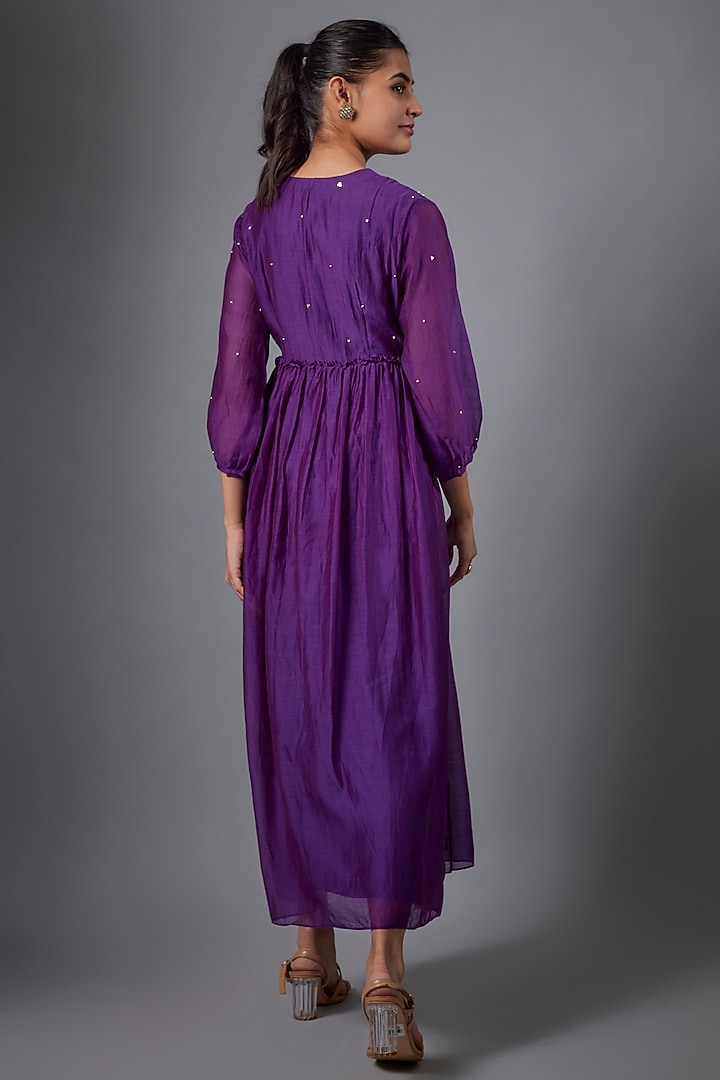 Purple Malai Chanderi Hand Embroidered Midi Summer Dress by Ojasvini at Pernia's Pop Up Shop