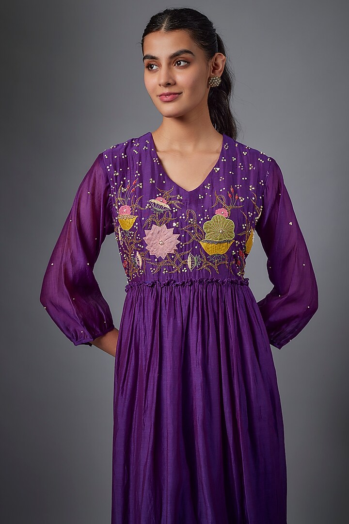 Purple Malai Chanderi Hand Embroidered Midi Summer Dress by Ojasvini at Pernia's Pop Up Shop