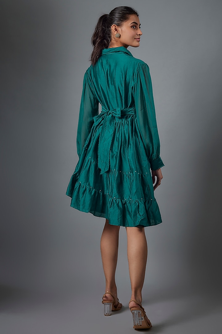 Blue Silk Chanderi & Organza Applique Summer Dress by Ojasvini at Pernia's Pop Up Shop