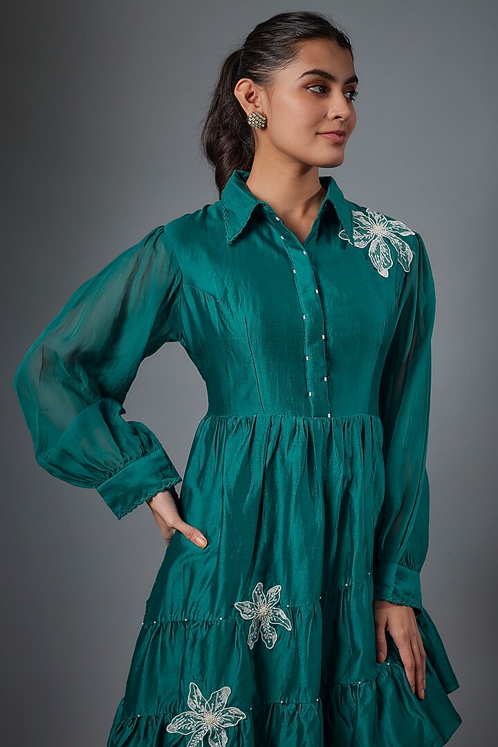 Blue Silk Chanderi & Organza Applique Summer Dress by Ojasvini at Pernia's Pop Up Shop