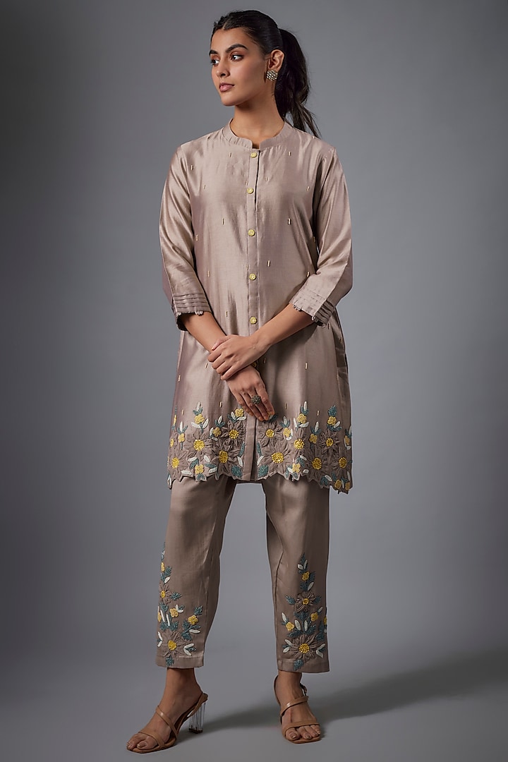 Grey Silk Chanderi & Cotton Satin Applique Embroidered Co-Ord Set by Ojasvini at Pernia's Pop Up Shop