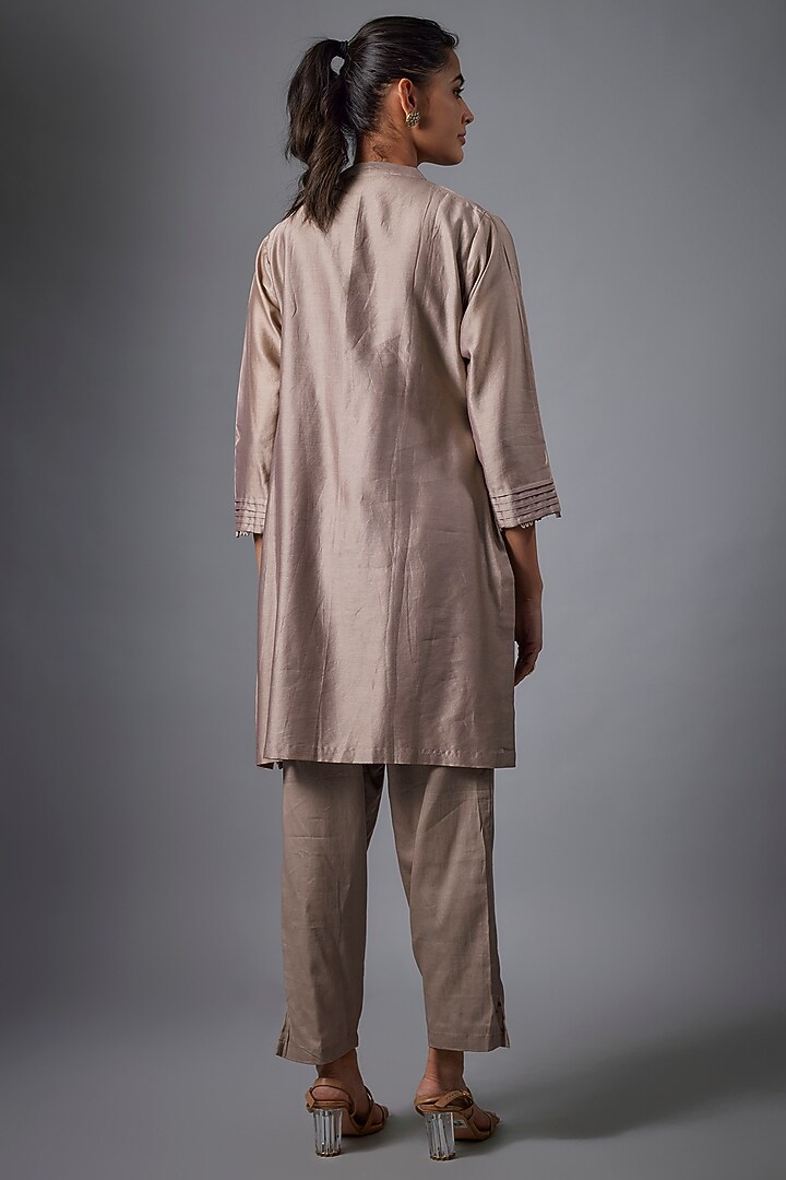 Grey Silk Chanderi & Cotton Satin Applique Embroidered Co-Ord Set by Ojasvini at Pernia's Pop Up Shop
