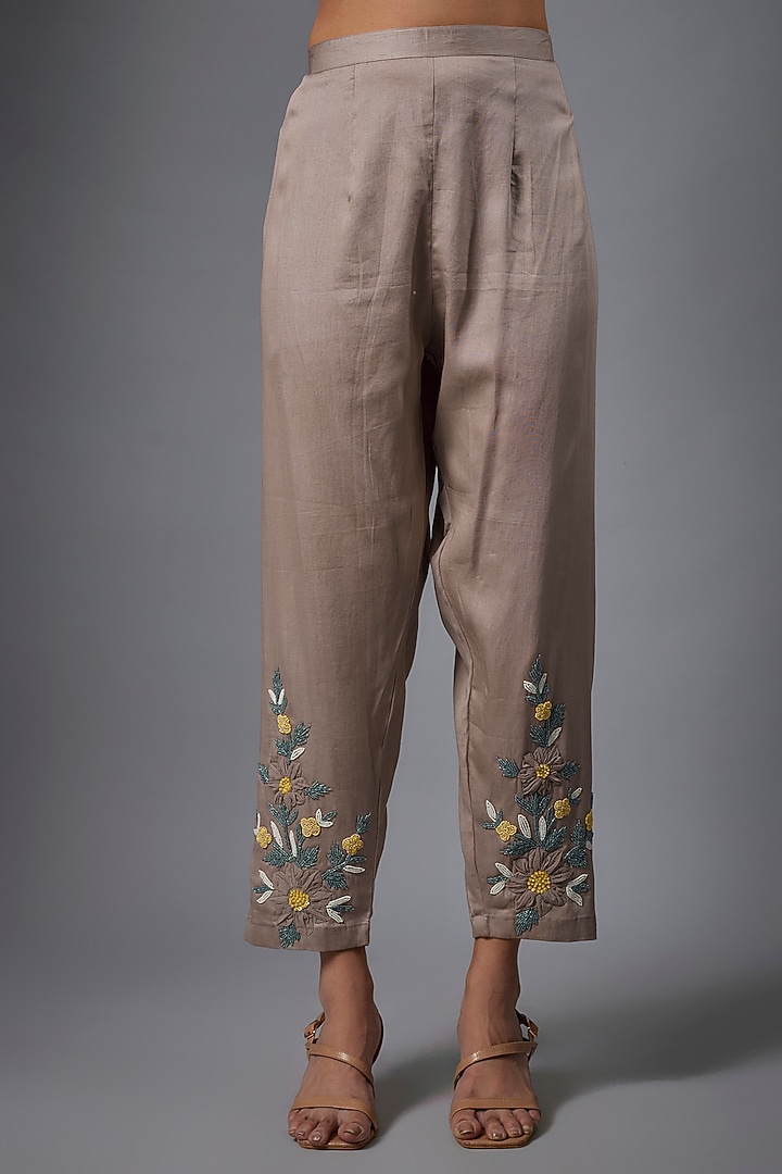 Grey Silk Chanderi & Cotton Satin Applique Embroidered Co-Ord Set by Ojasvini at Pernia's Pop Up Shop