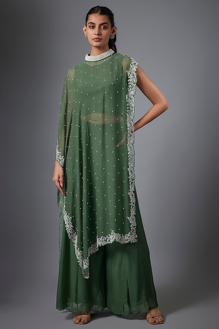 Green Chiffon Pearlwork Cape Set by Ojasvini at Pernia's Pop Up Shop