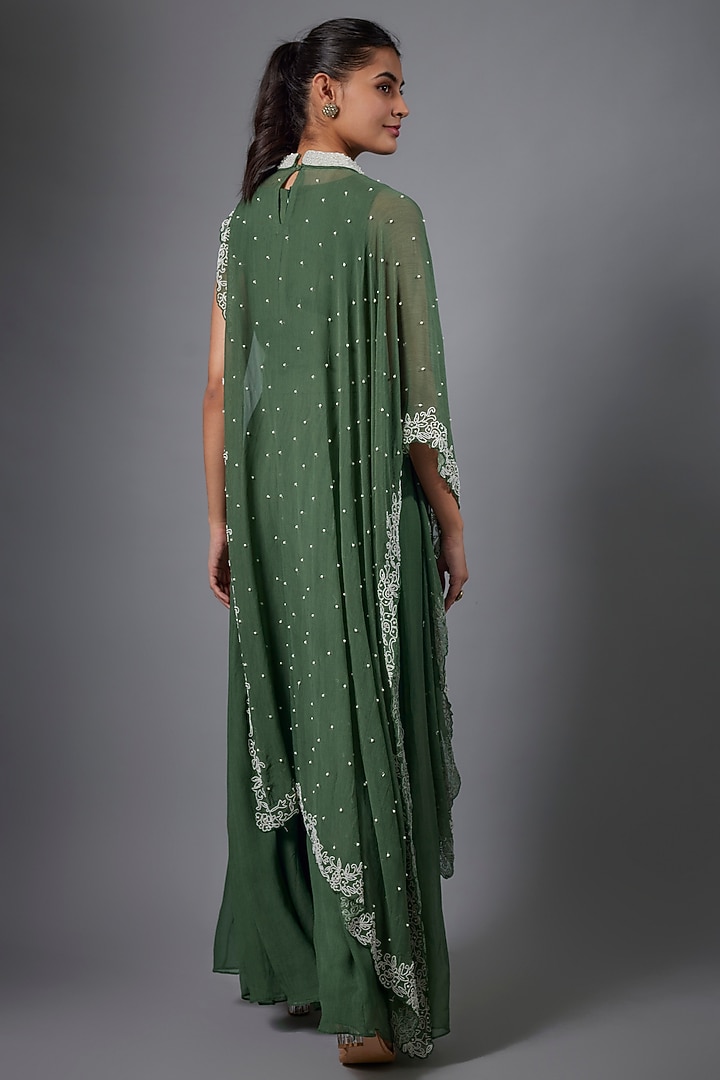 Green Chiffon Pearlwork Cape Set by Ojasvini at Pernia's Pop Up Shop