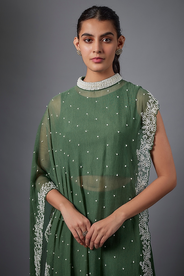 Green Chiffon Pearlwork Cape Set by Ojasvini at Pernia's Pop Up Shop