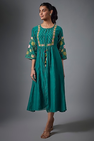 Green Malai Chanderi & Muslin Hand Embroidered Jacket Dress by Ojasvini
