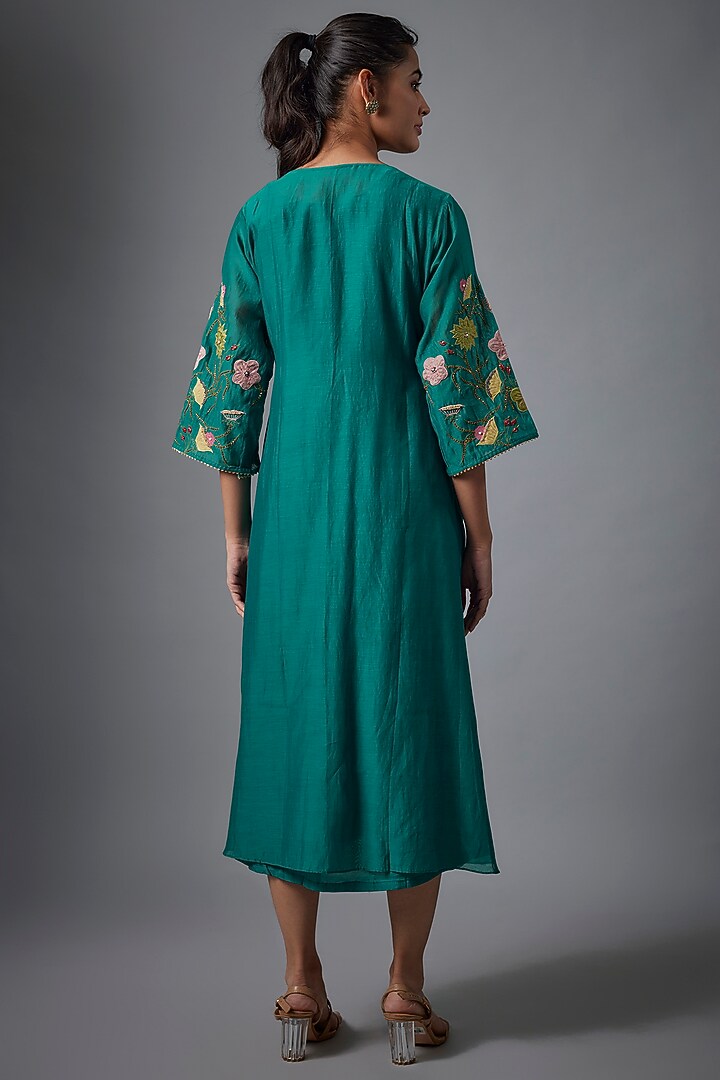 Green Malai Chanderi & Muslin Hand Embroidered Jacket Summer Dress by Ojasvini at Pernia's Pop Up Shop