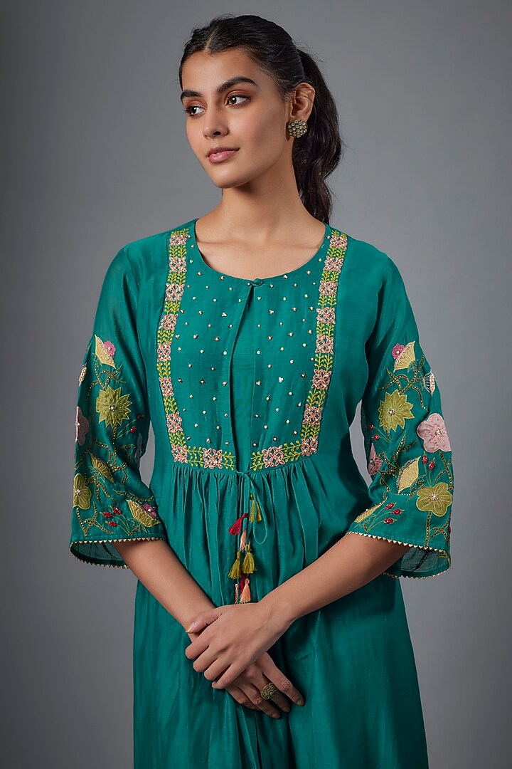 Green Malai Chanderi & Muslin Hand Embroidered Jacket Summer Dress by Ojasvini at Pernia's Pop Up Shop