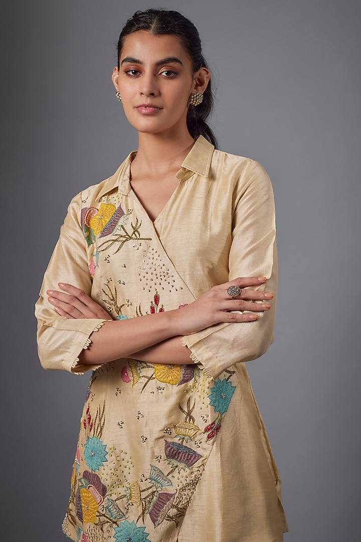 Ivory Silk & Mushroom Satin Hand Embroidered Co-Ord Set by Ojasvini at Pernia's Pop Up Shop