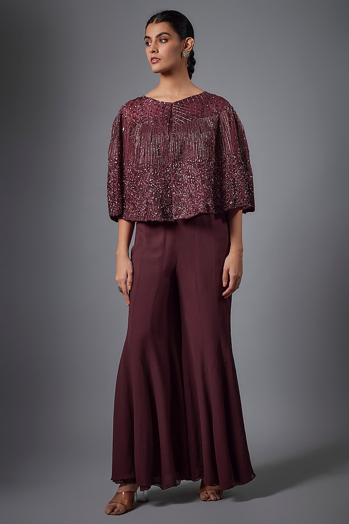 Wine Georgette Cutdana Embellished Cape Set by Ojasvini at Pernia's Pop Up Shop