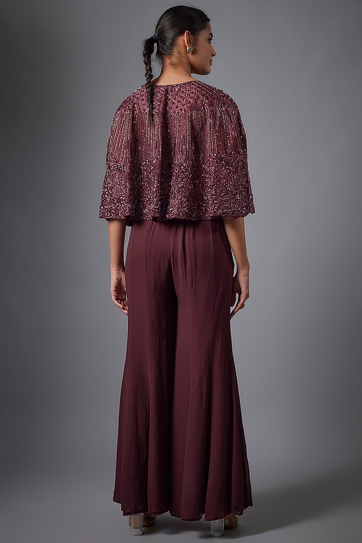 Wine Georgette Cutdana Embellished Cape Set by Ojasvini at Pernia's Pop Up Shop