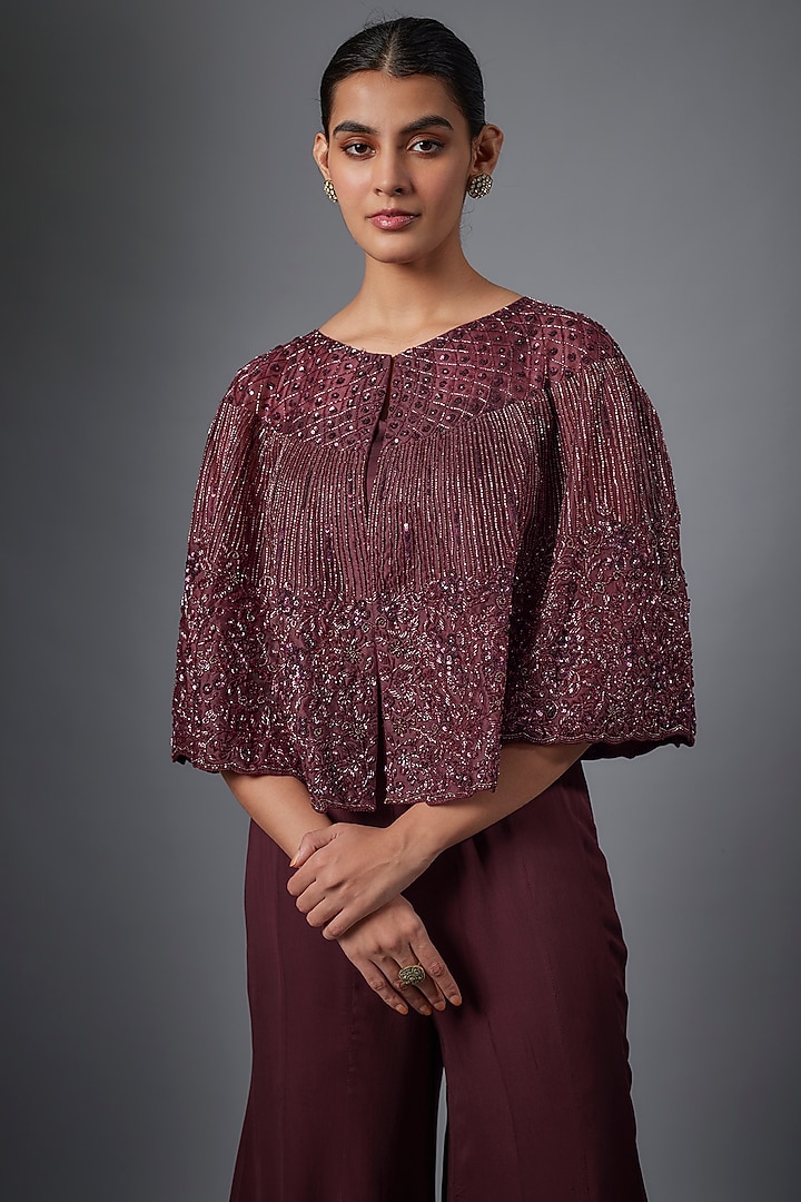 Wine Georgette Cutdana Embellished Cape Set by Ojasvini at Pernia's Pop Up Shop