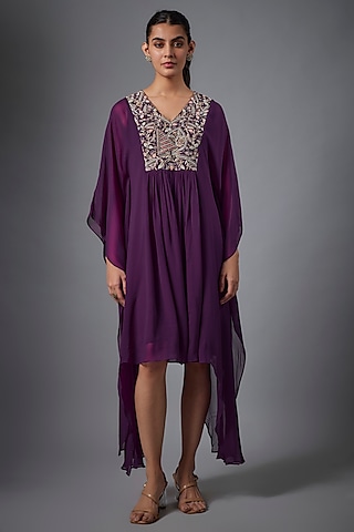Purple Georgette Hand Embroidered Kaftan Dress by Ojasvini