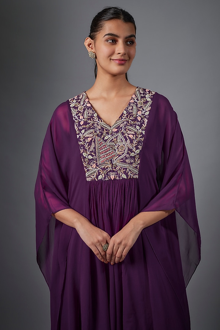 Purple Georgette Hand Embroidered Kaftan Vacation Dress by Ojasvini at Pernia's Pop Up Shop