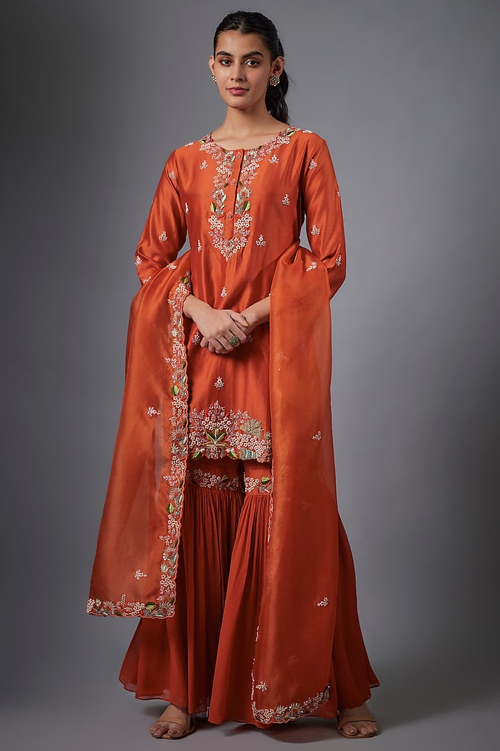 Orange Georgette & Silk Chanderi Hand Embroidered Sharara Set by Ojasvini at Pernia's Pop Up Shop