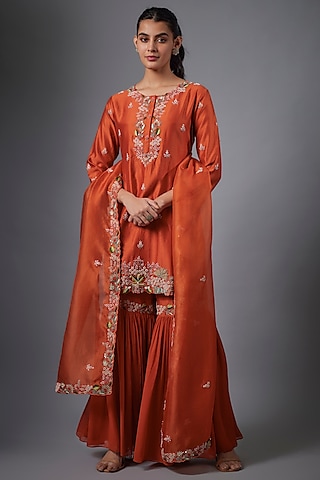Orange Georgette & Silk Chanderi Hand Embroidered Sharara Set by Ojasvini