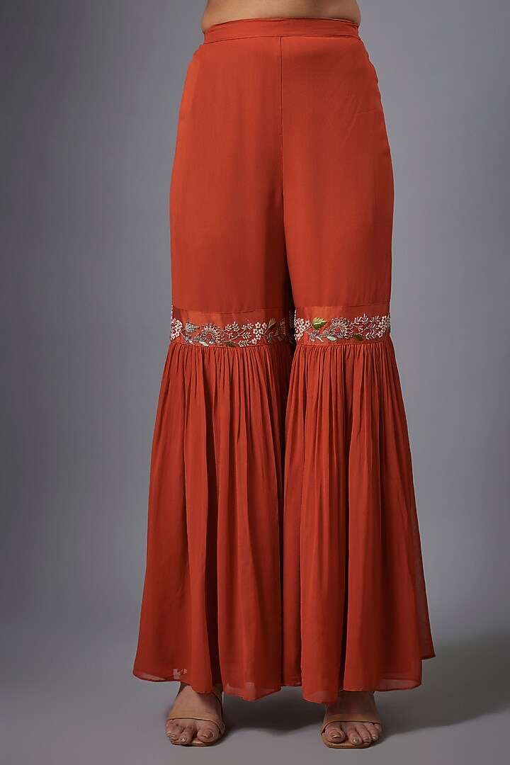 Orange Georgette & Silk Chanderi Hand Embroidered Wedding Sharara Set by Ojasvini at Pernia's Pop Up Shop