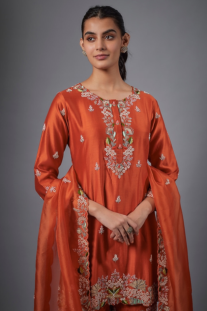 Orange Georgette & Silk Chanderi Hand Embroidered Wedding Sharara Set by Ojasvini at Pernia's Pop Up Shop