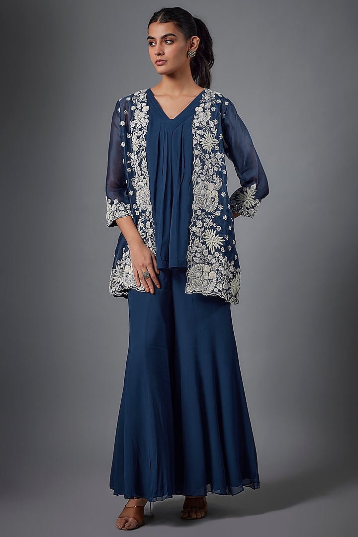 Blue Organza & Georgette Hand Embroidered Short Jacket Set by Ojasvini at Pernia's Pop Up Shop