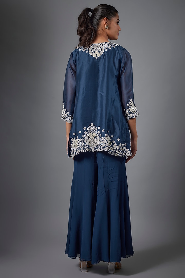 Blue Organza & Georgette Hand Embroidered Short Jacket Set by Ojasvini at Pernia's Pop Up Shop