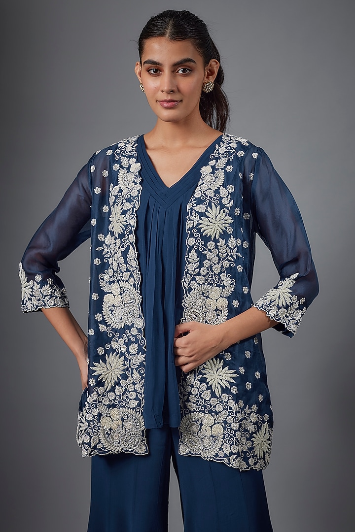 Blue Organza & Georgette Hand Embroidered Short Jacket Set by Ojasvini at Pernia's Pop Up Shop